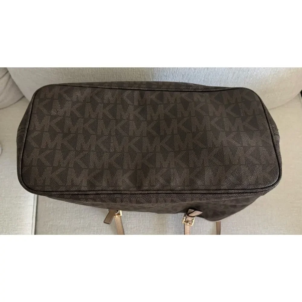 ⁠Michael Kors Tote Bag Brown Signature Monogram Large Purse Gold Charm Jet Set